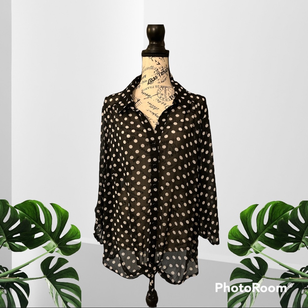 Sheer Black/White Polka Dot Button Down w/ Roll up Sleeves Option